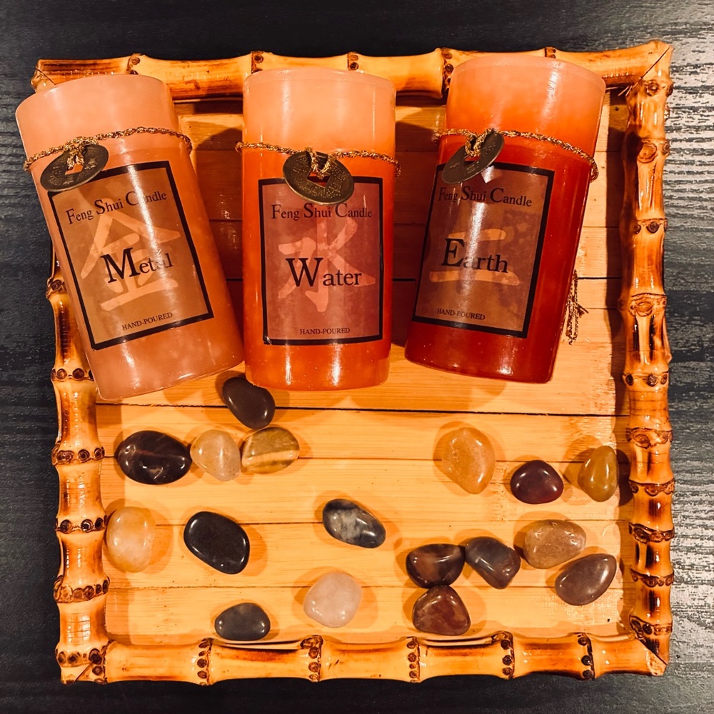 Feng Shui Candles Centerpiece, Bamboo Tray, Candles, Polished Stones, New Vtg